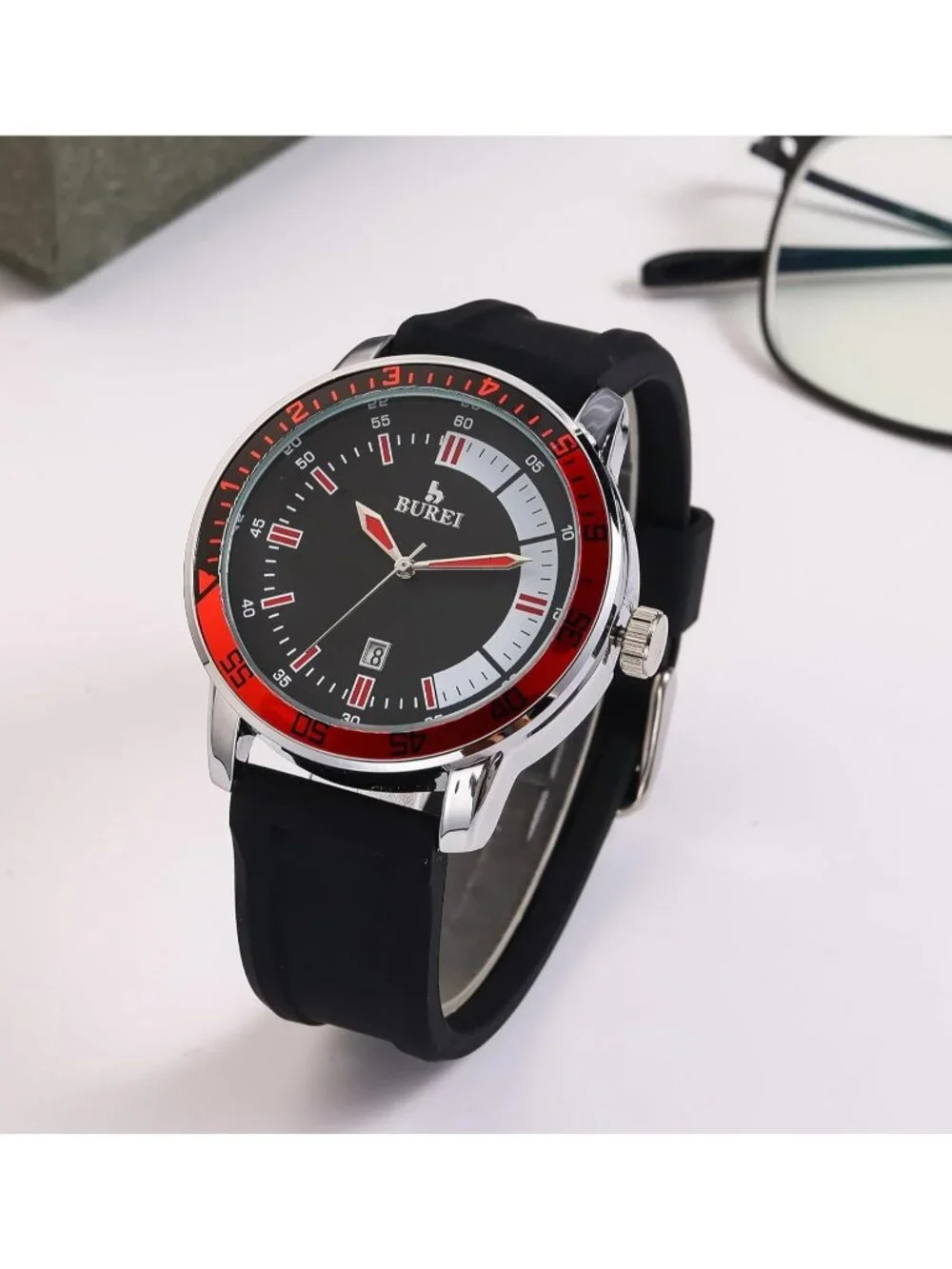 Men's Black Red Analog Quartz Silicone Waterproof Geometric Design Classic Watch